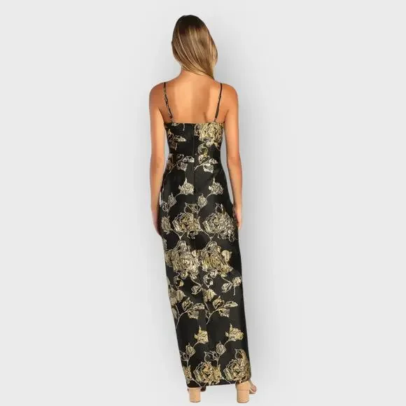 Lulus Charming Beauty XS Black Gold Floral Maxi Dress Wedding Guest V-Neck - Picture 10 of 11
